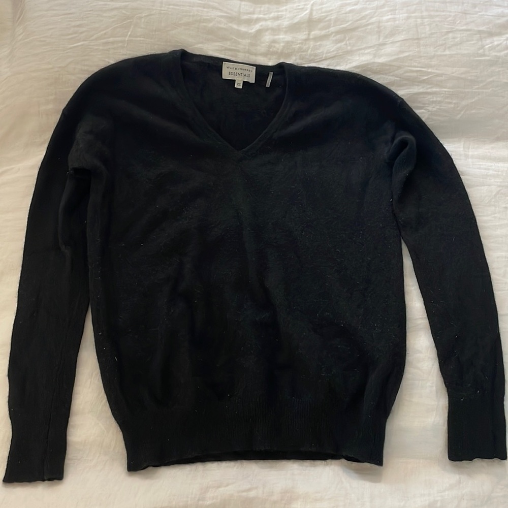 White and Warren Essential black cashmere V neck sweater